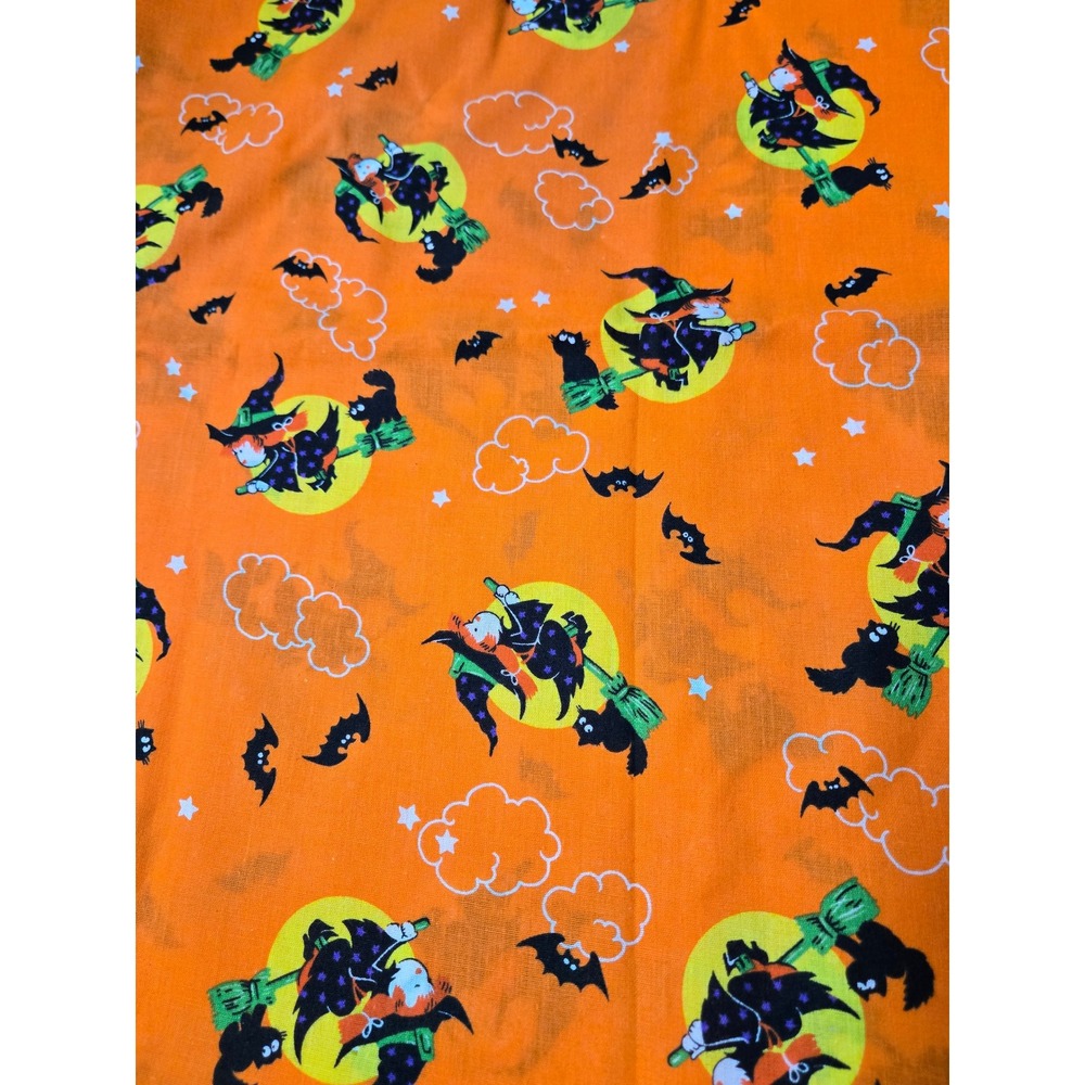 VTG Halloween Fabric 38" Witch Black Cat Bats Orange Cotton Novelty 1.06 Yards